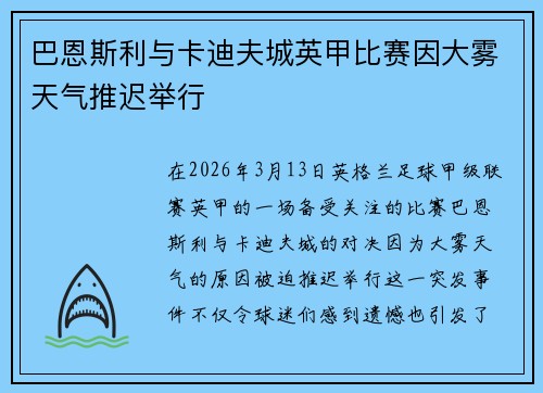 巴恩斯利与卡迪夫城英甲比赛因大雾天气推迟举行